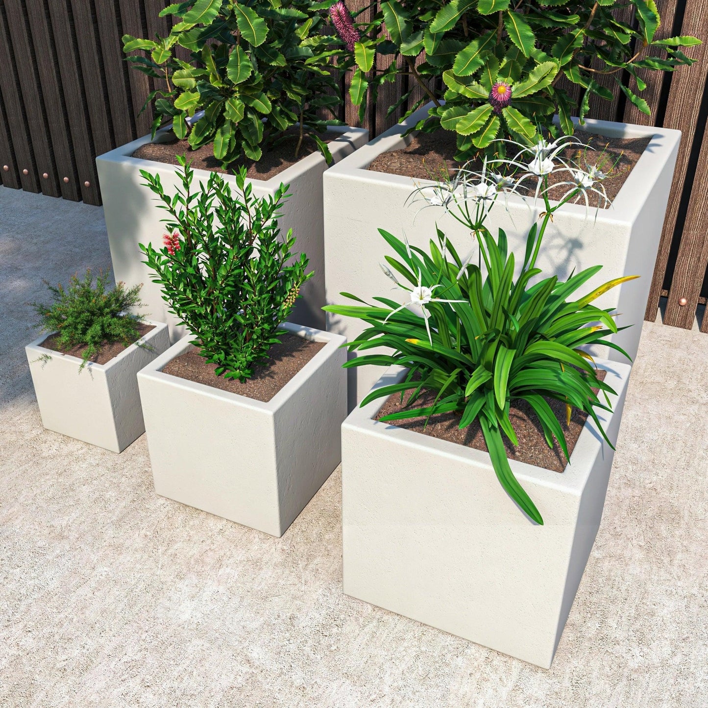 Fern 5-Piece Modern Fiberstone and MGO Clay Square Planter Set for Indoor and Outdoor - Elax Furniture