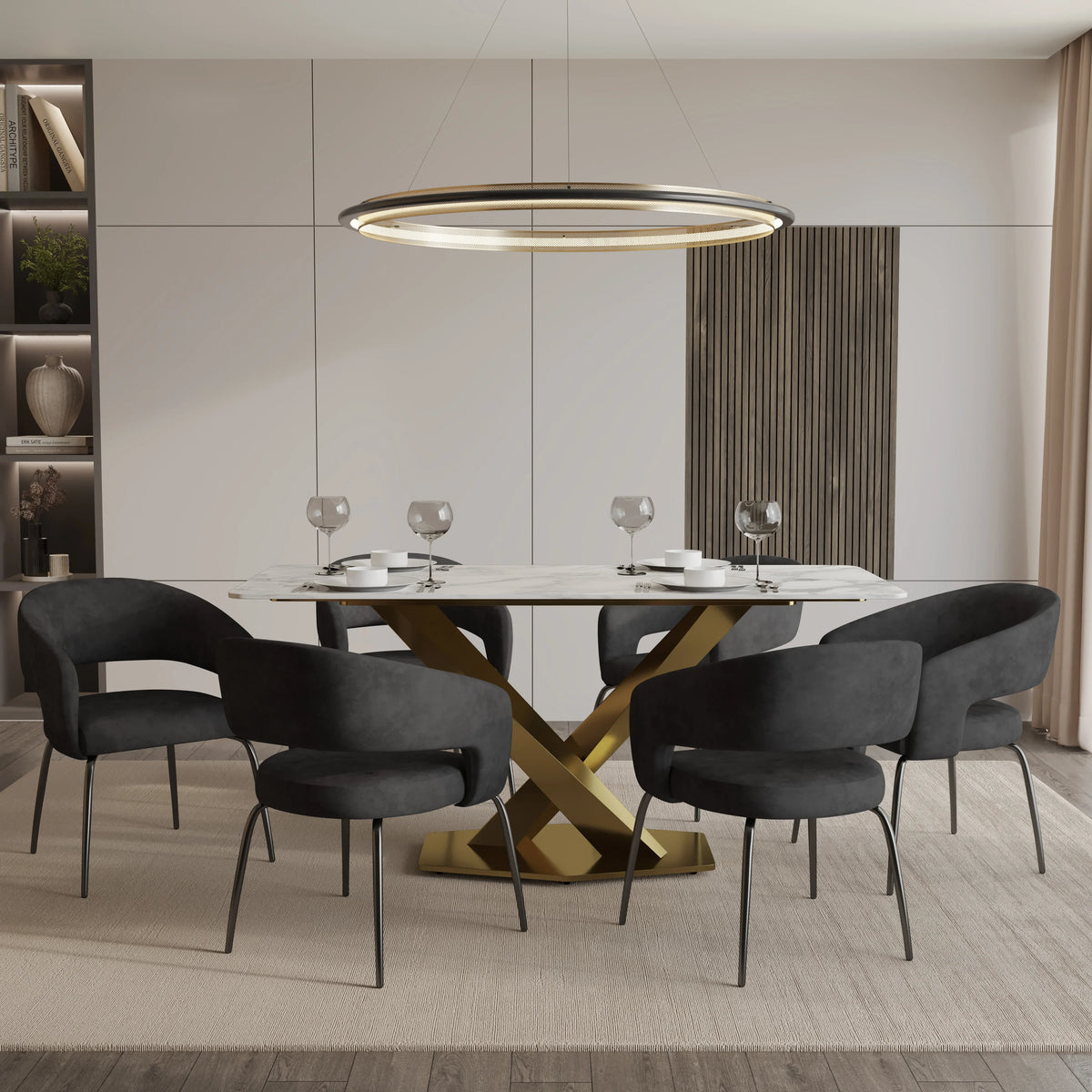 Voren 7-Piece Dining Set with Rectangular Sintered Stone Dining Table Gold Base and 6 Velvet Dining Chairs with Iron Base - Elax Furniture