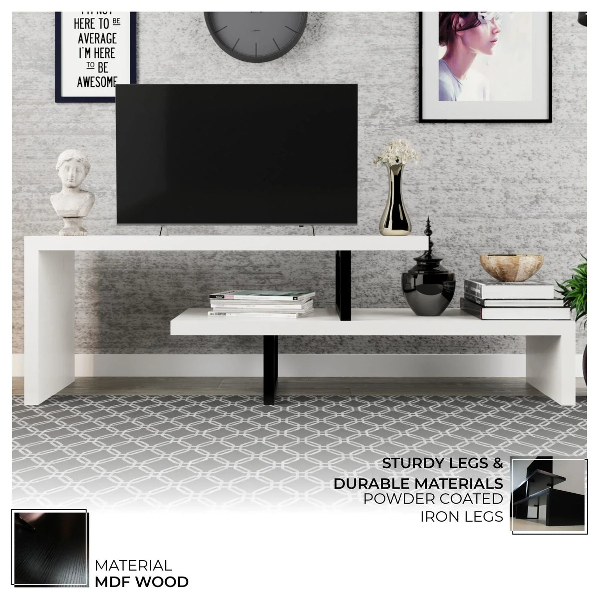 Orford Mid-Century Modern TV Stand with MDF Shelves and Powder Coated Iron Legs for Living Room - Elax Furniture
