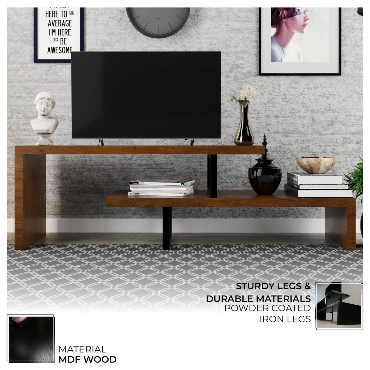 Orford Mid-Century Modern TV Stand with MDF Shelves and Powder Coated Iron Legs for Living Room - Elax Furniture