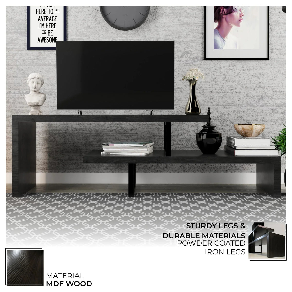 Orford Mid-Century Modern TV Stand with MDF Shelves and Powder Coated Iron Legs for Living Room - Elax Furniture