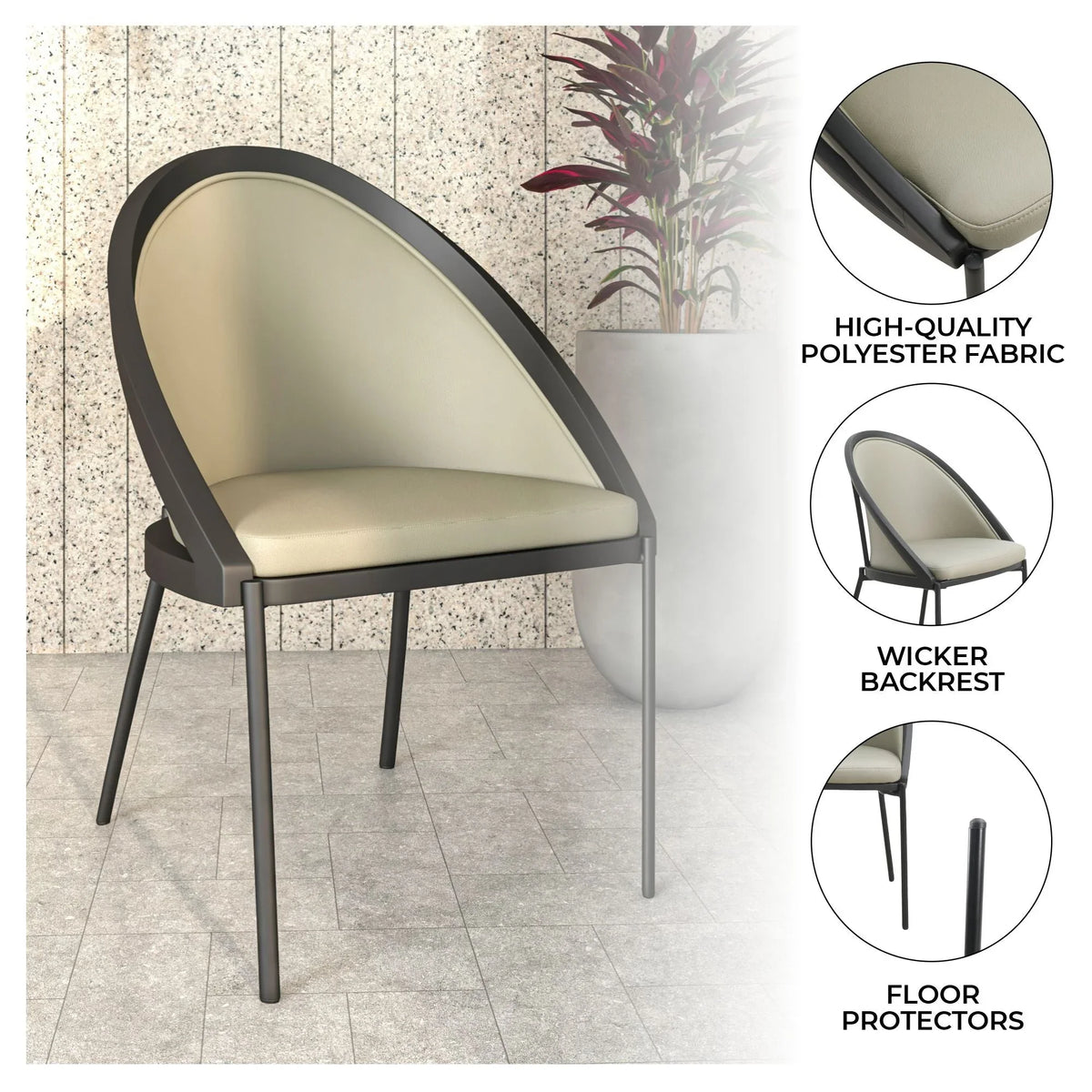 Urbane Dining Chair with Vinyl Fabric Seat and Wicker/Vinyl Backrest in Black Stainless Steel - Elax Furniture