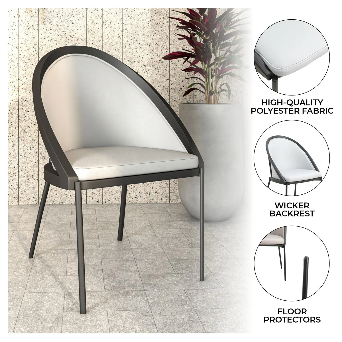 Urbane Dining Chair with Vinyl Fabric Seat and Wicker/Vinyl Backrest in Black Stainless Steel - Elax Furniture