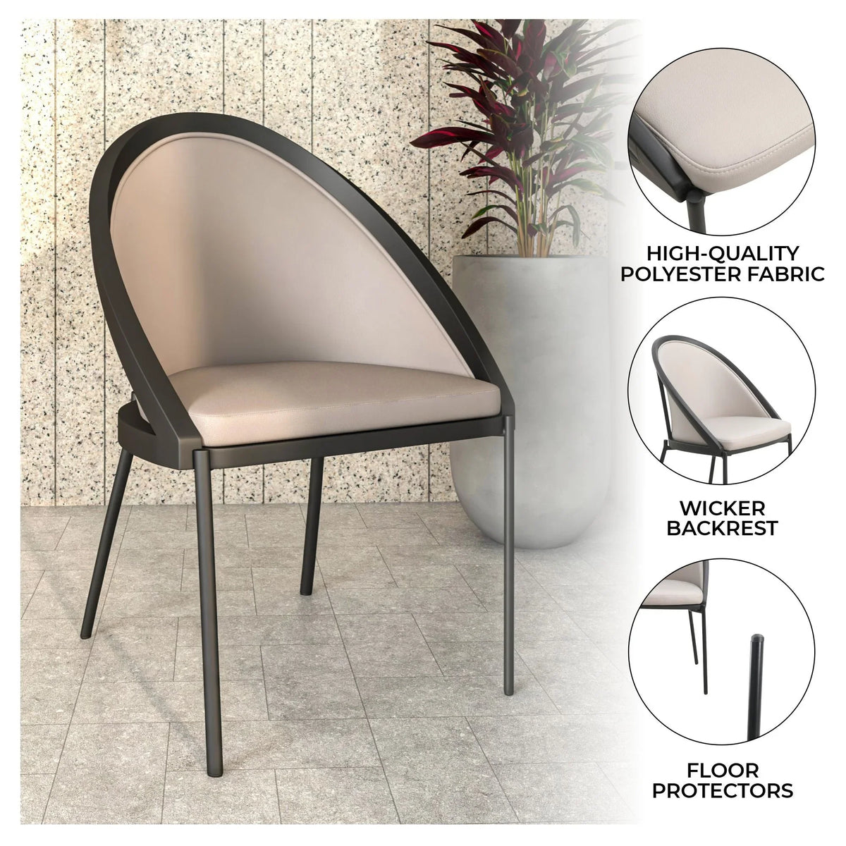 Urbane Dining Chair with Vinyl Fabric Seat and Wicker/Vinyl Backrest in Black Stainless Steel - Elax Furniture