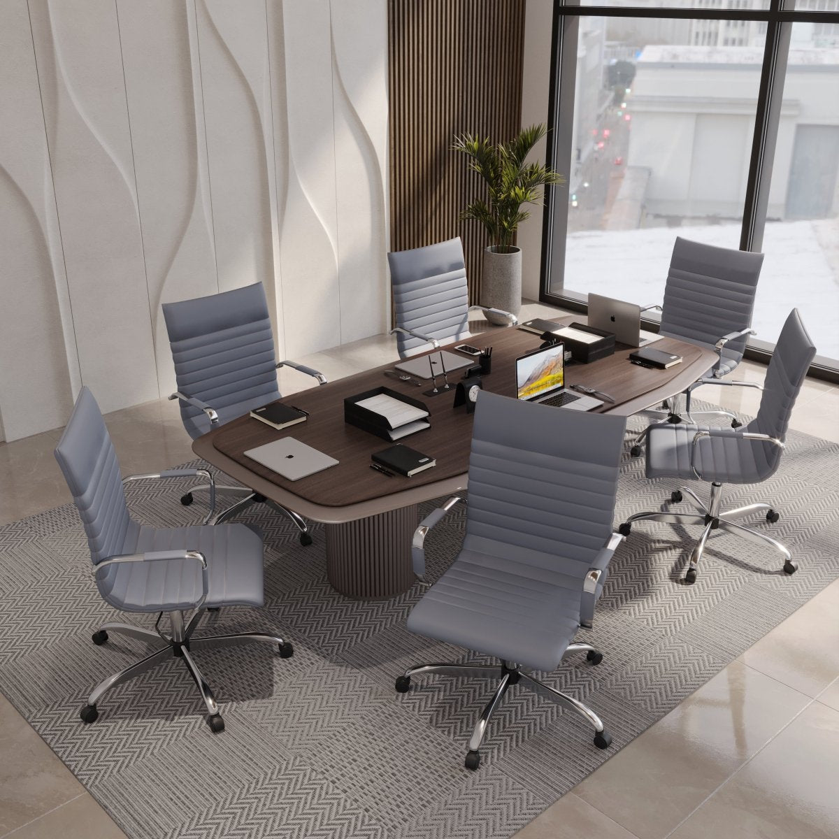 Harris Leather High-Back Adjustable Office Conference Chair with Armrests Chrome Grey Office Chair Leisuremod