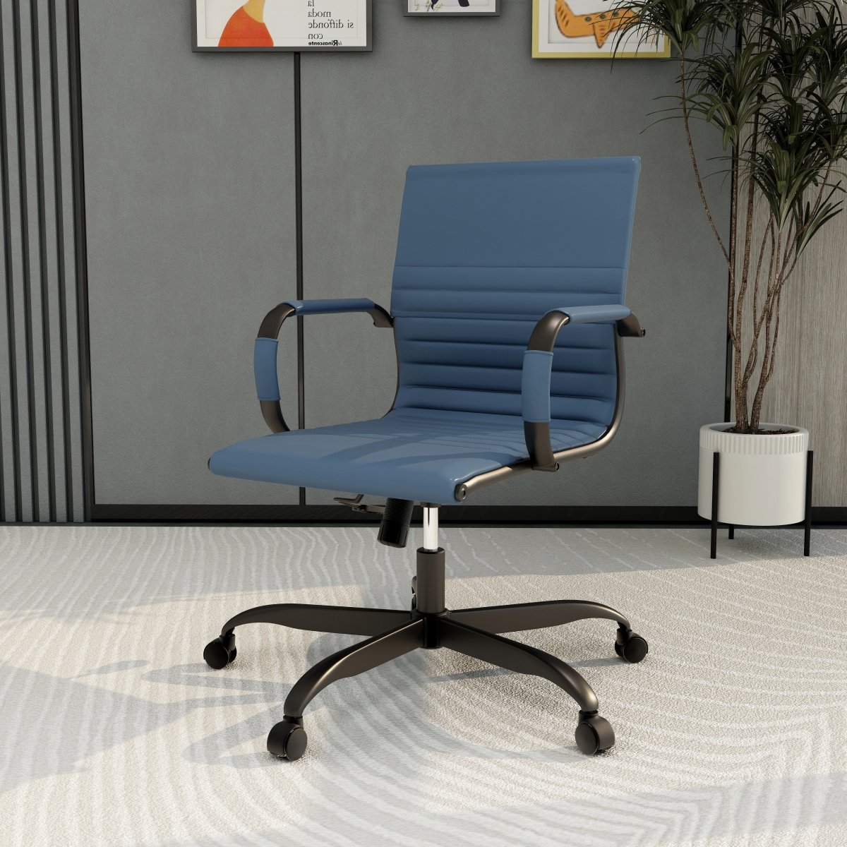 Harris Mid-Back Leather Adjustable Office Conference Chair with Armrests Black Navy Blue Office Chair Leisuremod
