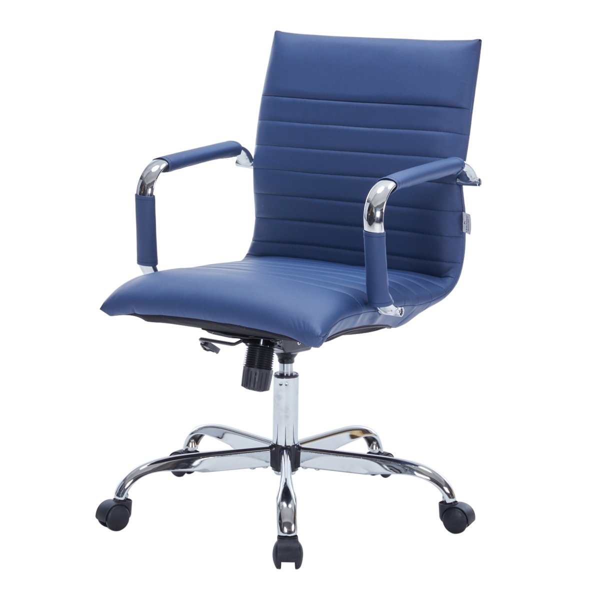 Harris Mid-Back Leather Adjustable Office Conference Chair with Armrests Chrome Navy Blue Office Chair Leisuremod