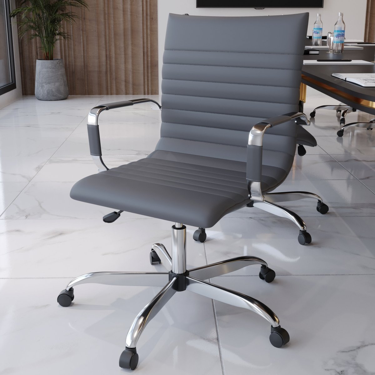 Harris Mid-Back Leather Adjustable Office Conference Chair with Armrests Chrome Grey Office Chair Leisuremod