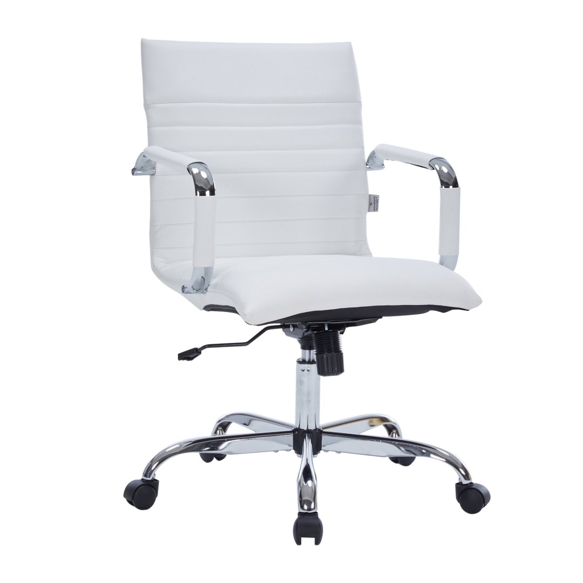 Harris Mid-Back Leather Adjustable Office Conference Chair with Armrests Chrome White Office Chair Leisuremod