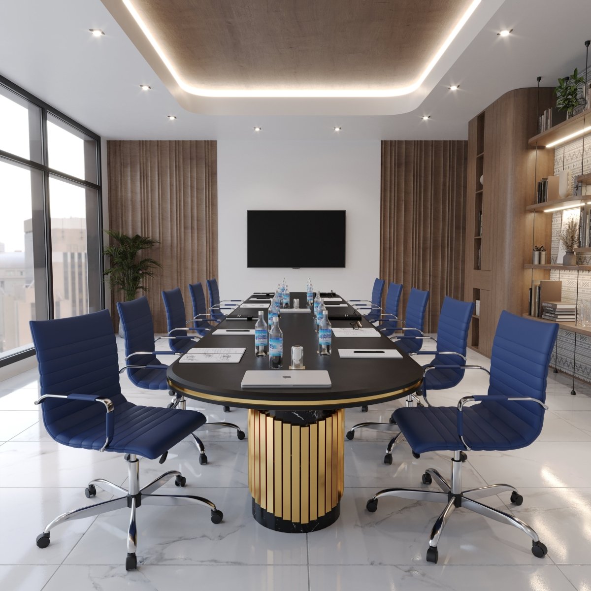 Harris Mid-Back Leather Adjustable Office Conference Chair with Armrests Chrome Navy Blue Office Chair Leisuremod