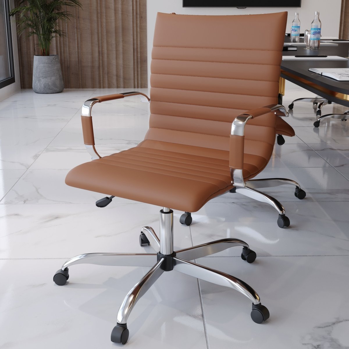 Harris Mid-Back Leather Adjustable Office Conference Chair with Armrests Chrome Light Brown Office Chair Leisuremod