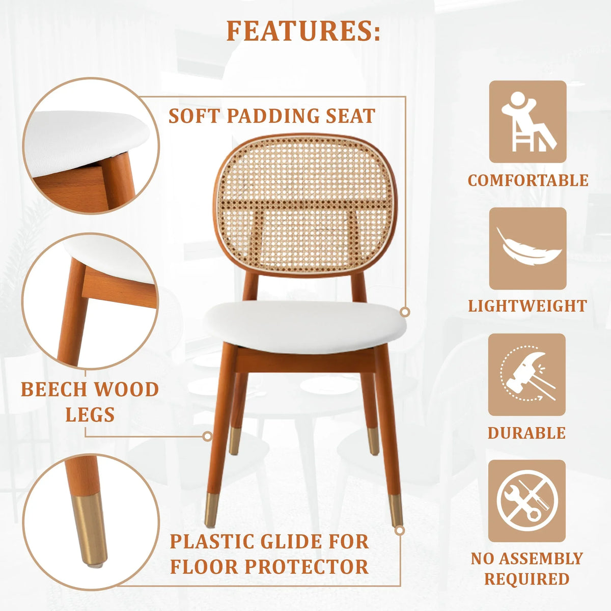 Holbeck Wicker Dining Chair with Upholstered Leather Seat and Beech Wood Legs - Elax Furniture