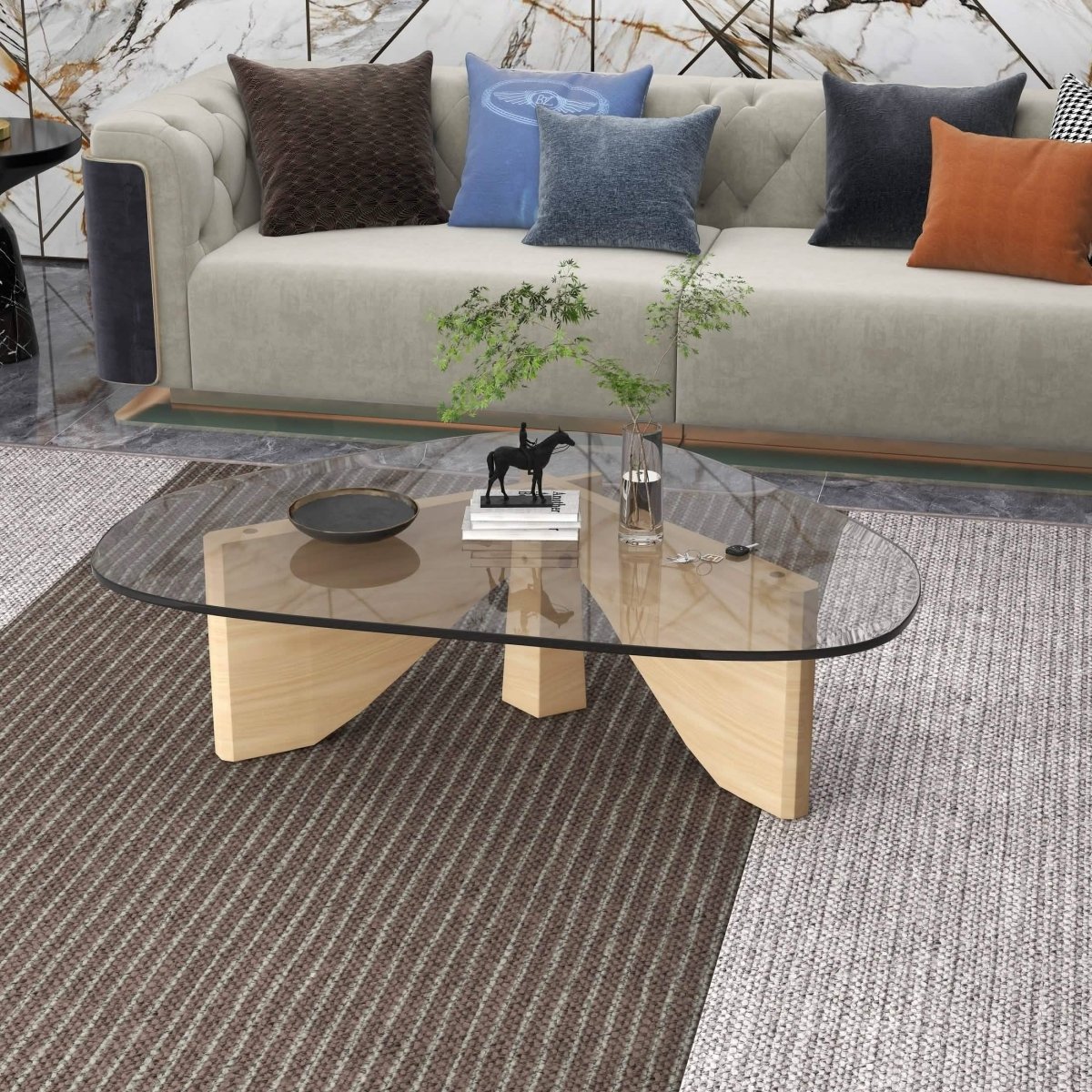 Imperial Triangular Coffee Table with a Glass Tabletop and Wood Base Natural Wood Coffee Table Leisuremod