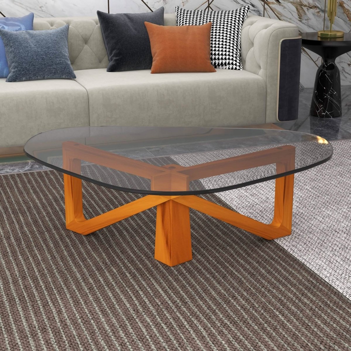 Imperial Triangular Coffee Table with a Glass Tabletop and Wood Base Light Walnut Coffee Table Leisuremod