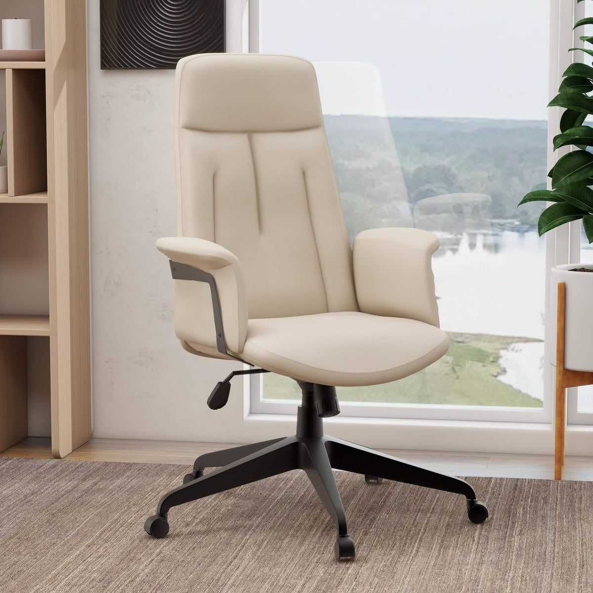 Inifini High-Back Leather Ergonomic Office Chair With Lumbar Support, Adjustable Hight and Swivel Tan Office Chair Leisuremod