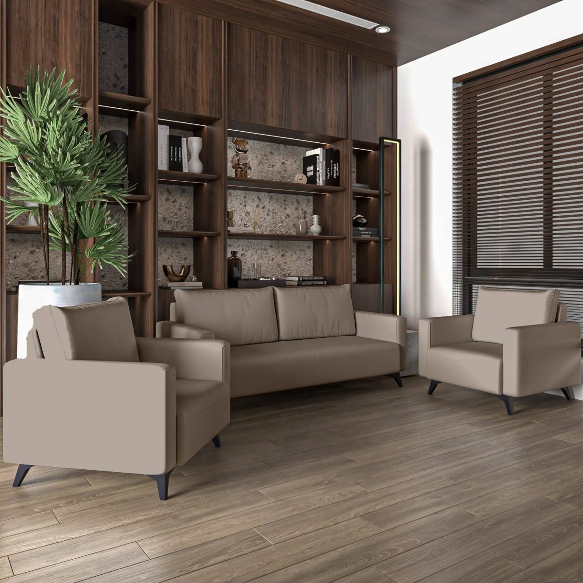 Inno 3-Piece Leather Sofa Set with 2 Single-Seater and a Three-Seater Sofa with Stainless Steel Legs Taupe Sofa Leisuremod
