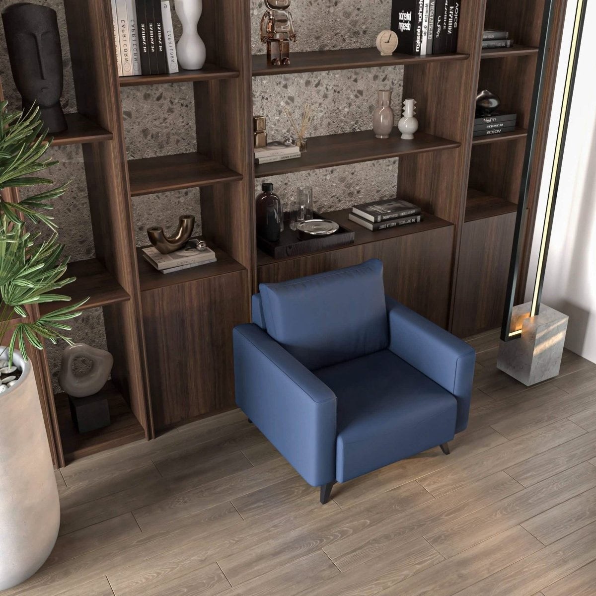 Inno Single-Seater Leather Sofa with Stainless Steel Legs and Removable Cushions Dark Blue Sofa Leisuremod