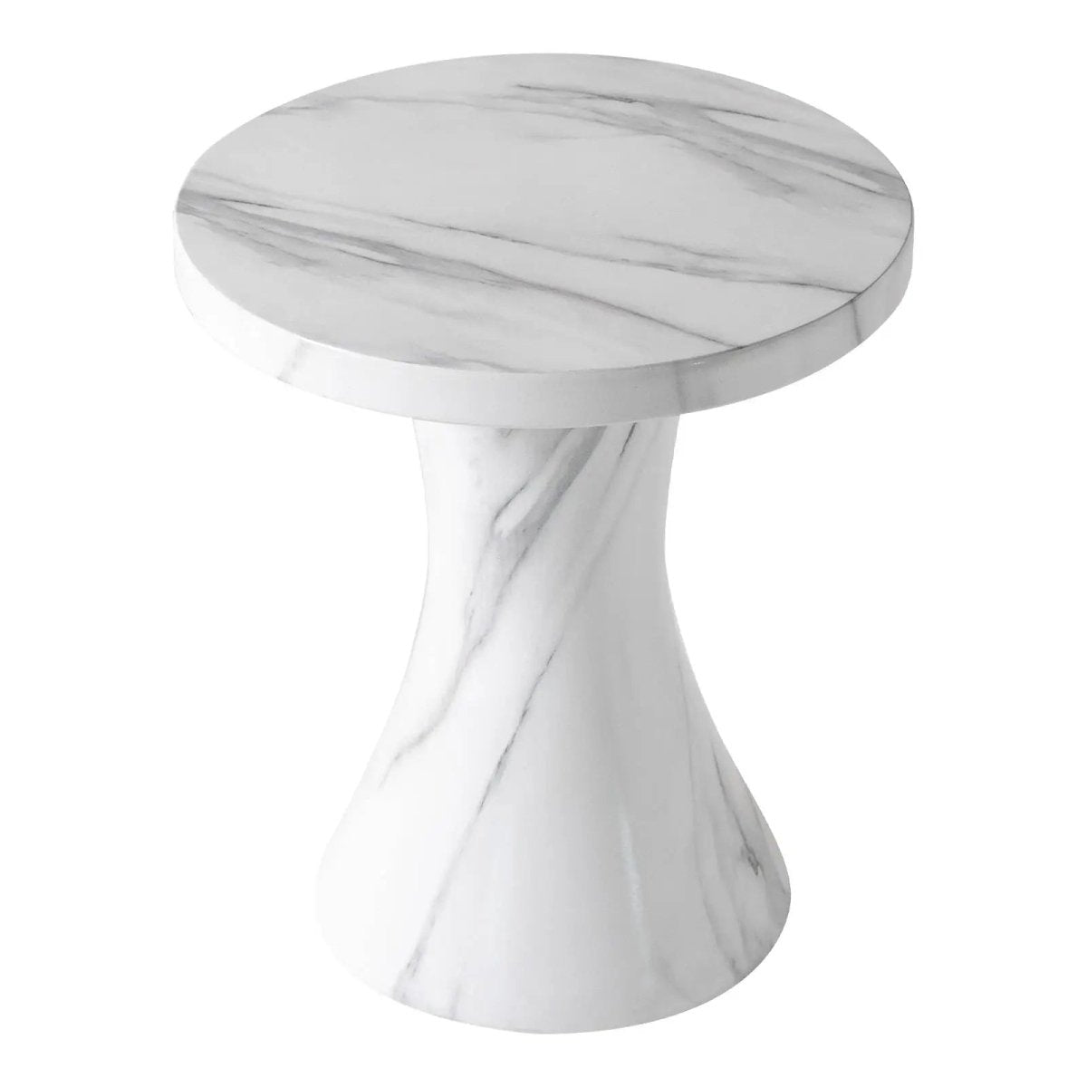 Isidra 19" Round Fiberstone Side Table with Marble-Inspired Finish and Flared Pedestal Base Marbled White Side Table LeisureMod