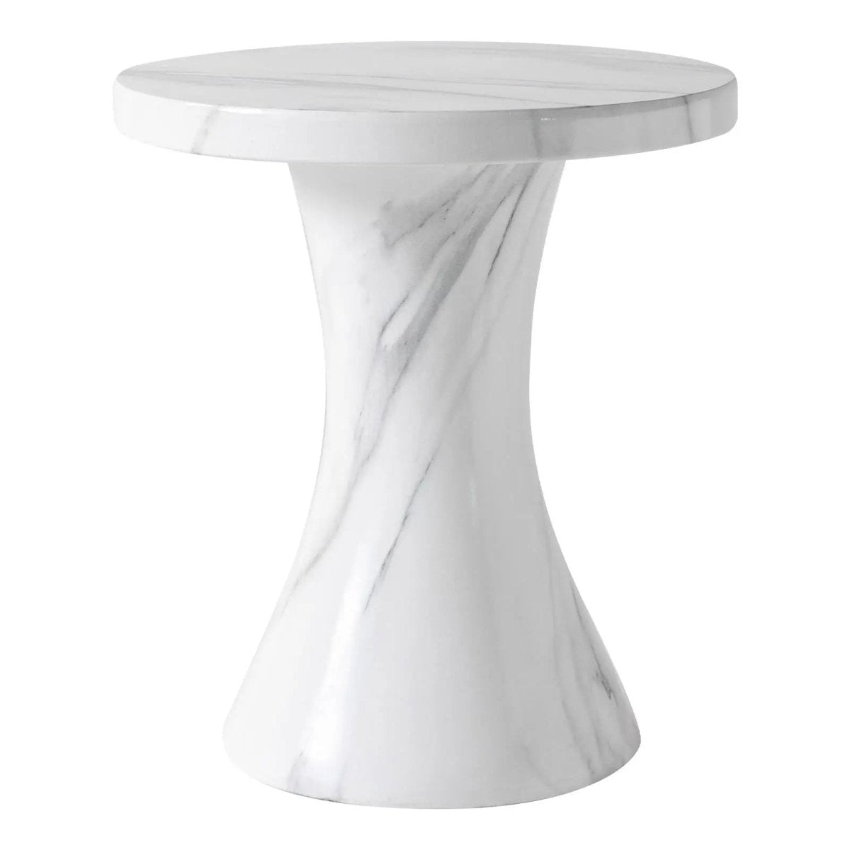 Isidra 19" Round Fiberstone Side Table with Marble-Inspired Finish and Flared Pedestal Base Marbled White Side Table LeisureMod
