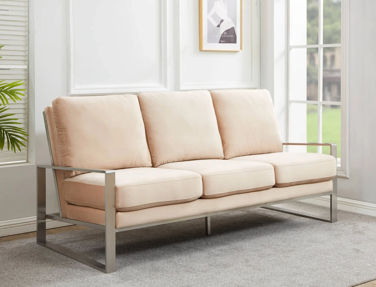 Jefferson 3-Seater Velvet/Leather Full Size Sofa in Stainless Steel - Elax Furniture