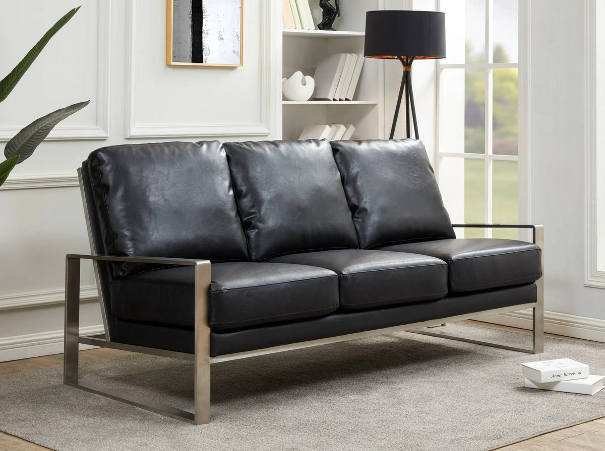 Jefferson 3-Seater Velvet/Leather Full Size Sofa in Stainless Steel - Elax Furniture