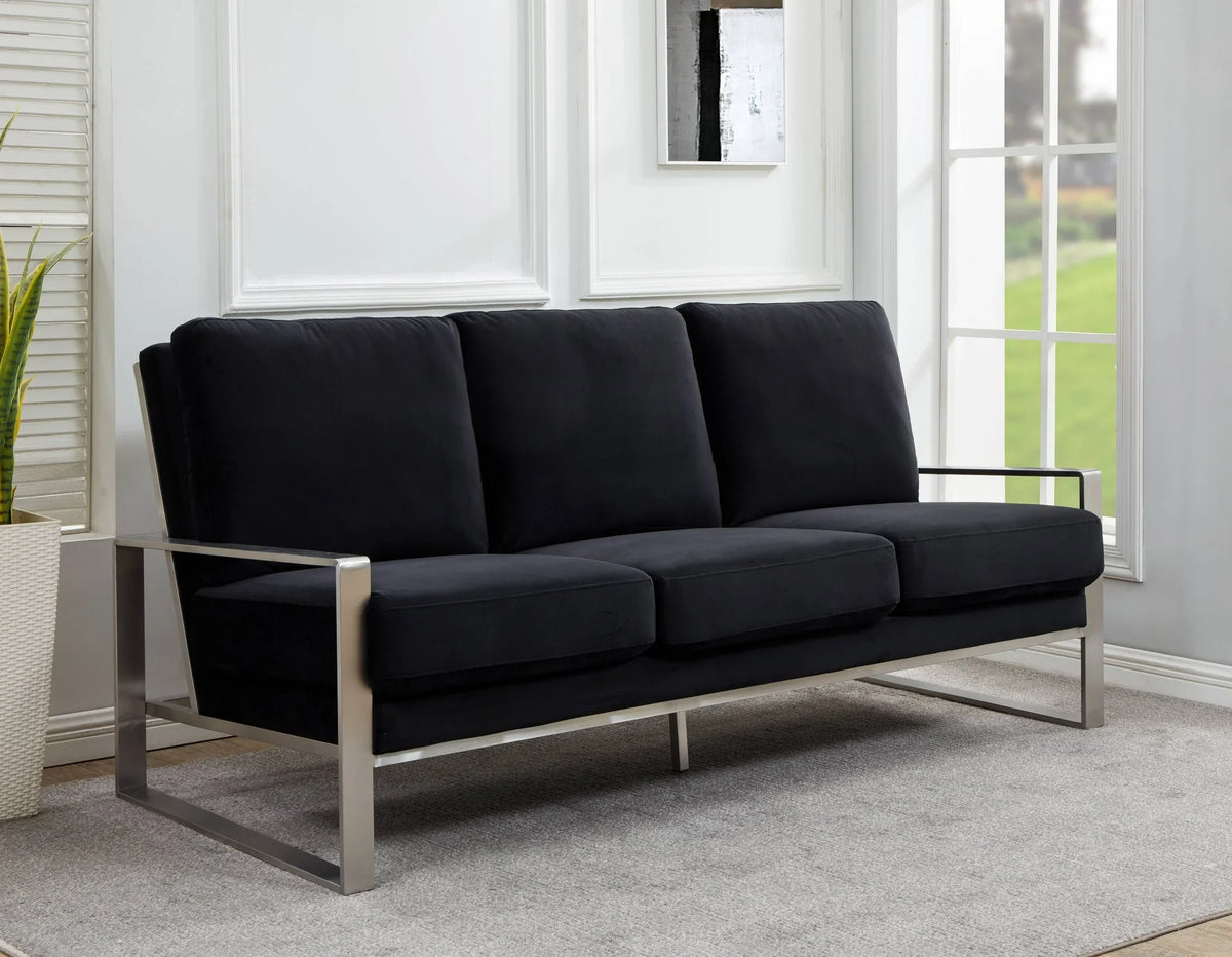 Jefferson 3-Seater Velvet/Leather Full Size Sofa in Stainless Steel - Elax Furniture