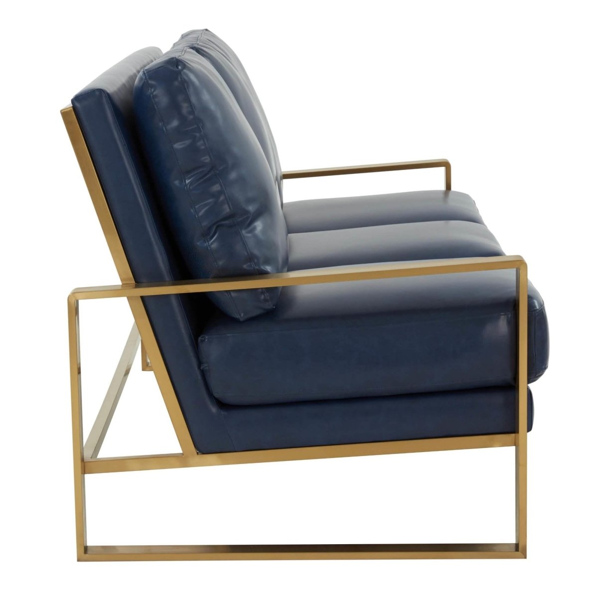 Jefferson 3-Seater Sofa Upholstered in Velvet/Leather with Gold/Silver Steel Base Leather Gold Navy Blue Sofa Leisuremod