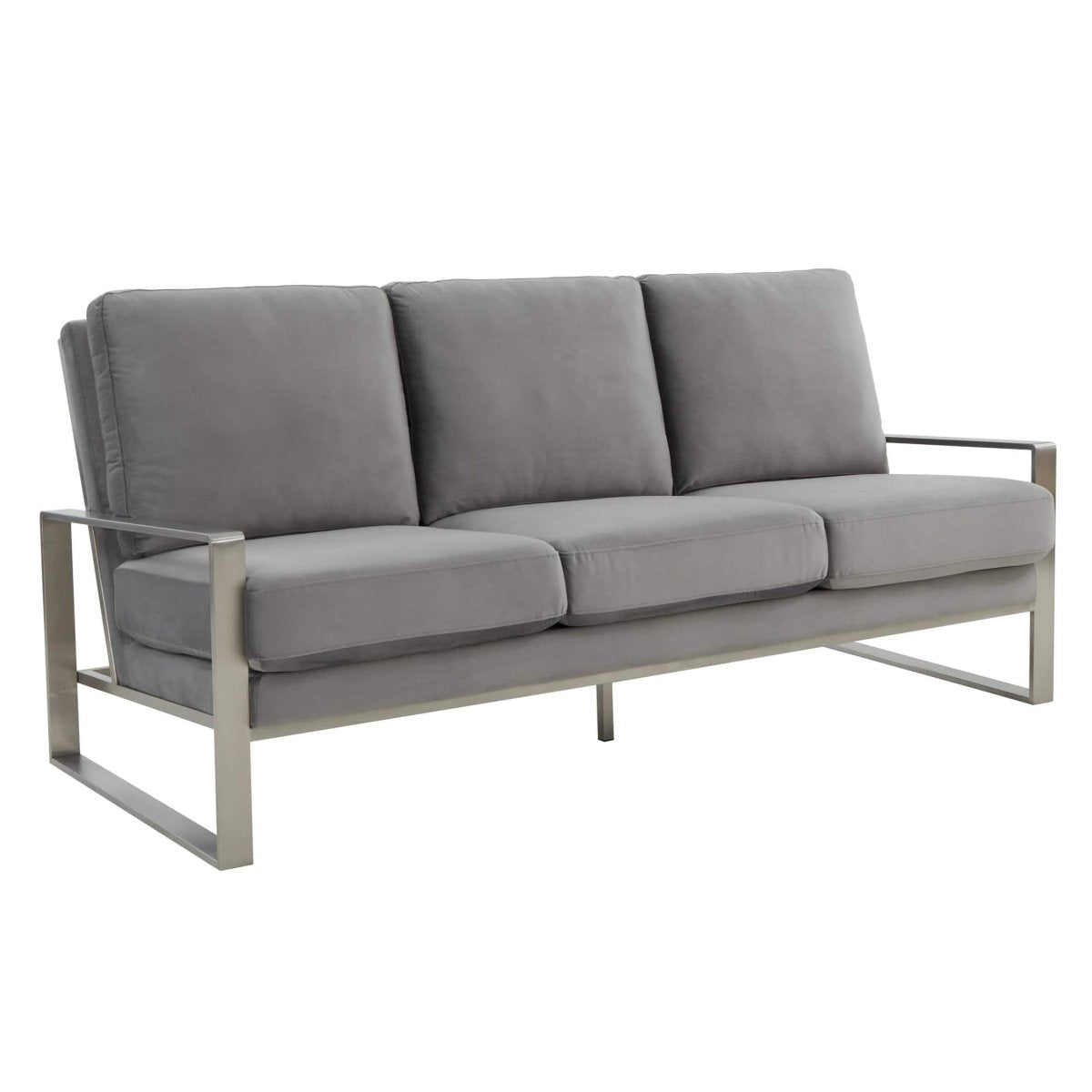 Jefferson 3-Seater Sofa Upholstered in Velvet/Leather with Gold/Silver Steel Base Velvet Silver Light Grey Sofa Leisuremod