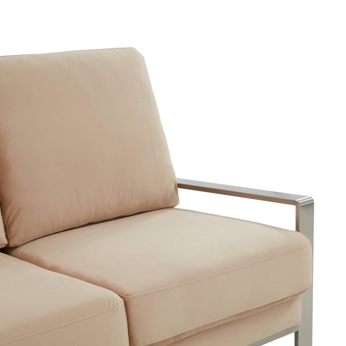 Jefferson 3-Seater Sofa Upholstered in Velvet/Leather with Gold/Silver Steel Base Velvet Silver Beige Sofa Leisuremod