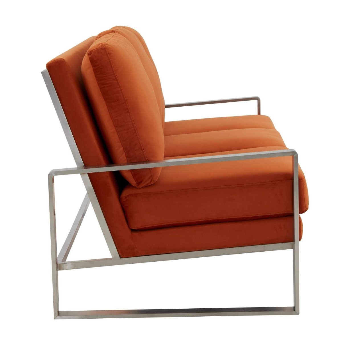 Jefferson 3-Seater Sofa Upholstered in Velvet/Leather with Gold/Silver Steel Base Velvet Silver Orange Sofa Leisuremod