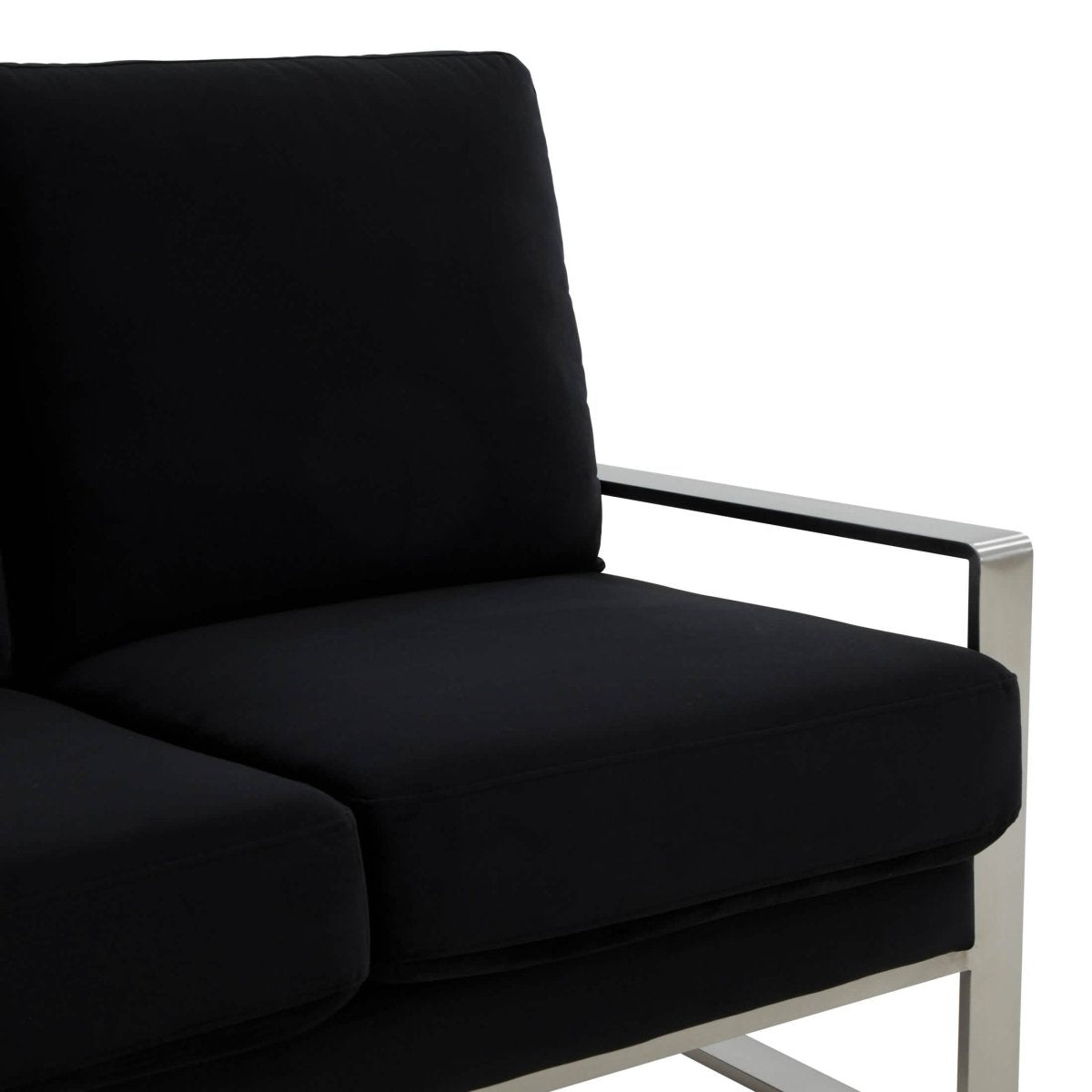 Jefferson 3-Seater Sofa Upholstered in Velvet/Leather with Gold/Silver Steel Base Velvet Silver Black Sofa Leisuremod