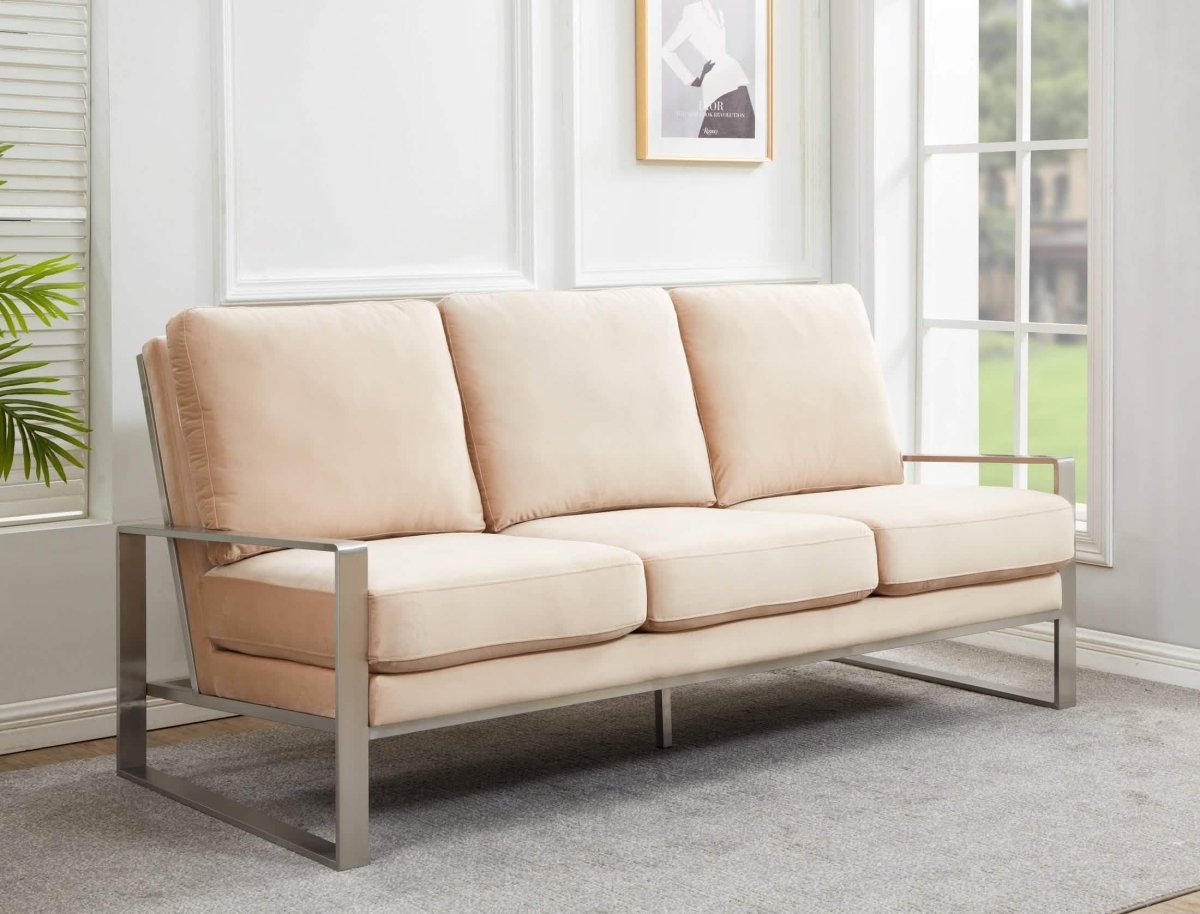 Jefferson 3-Seater Sofa Upholstered in Velvet/Leather with Gold/Silver Steel Base Velvet Silver Beige Sofa Leisuremod