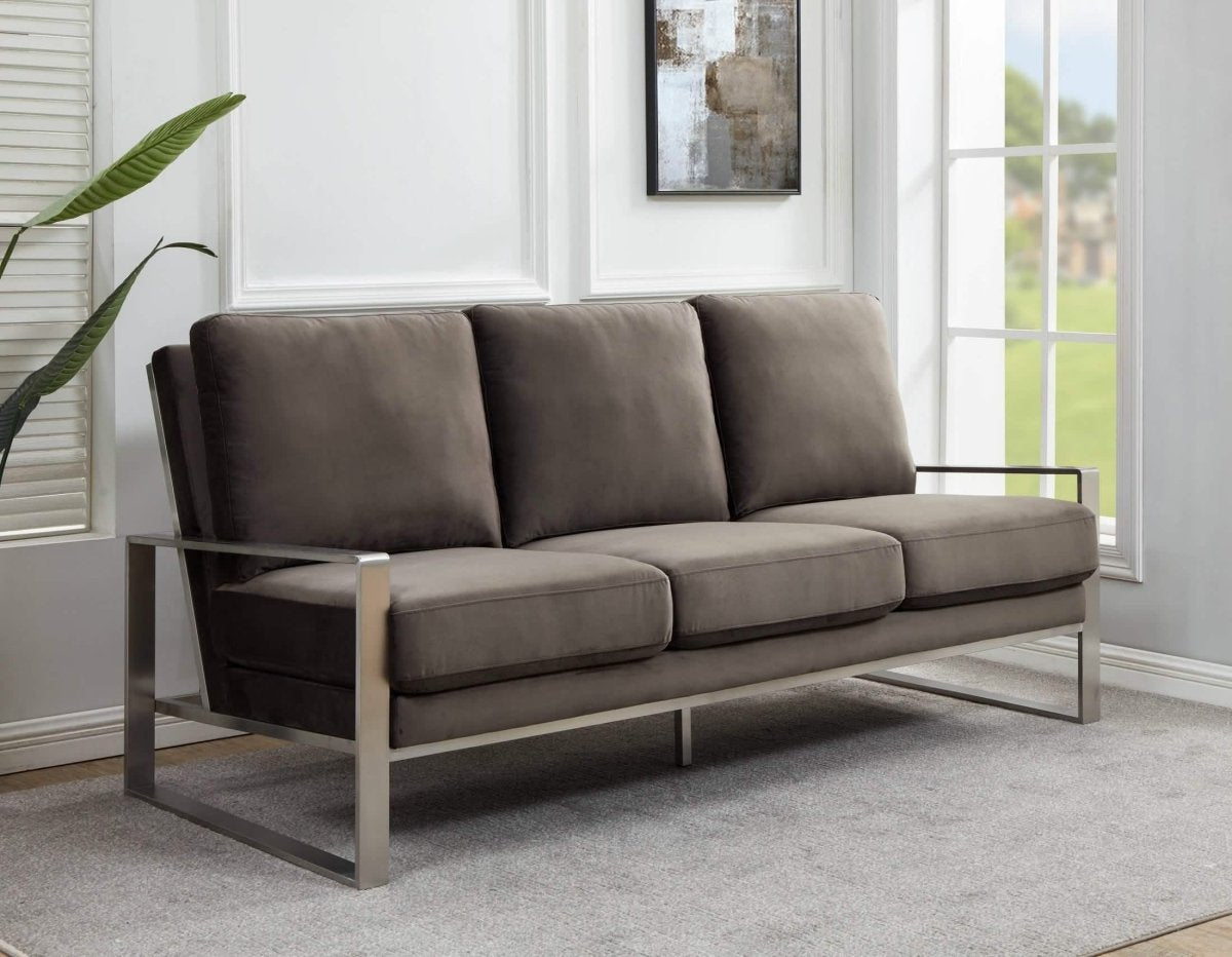 Jefferson 3-Seater Sofa Upholstered in Velvet/Leather with Gold/Silver Steel Base Velvet Silver Dark Grey Sofa Leisuremod
