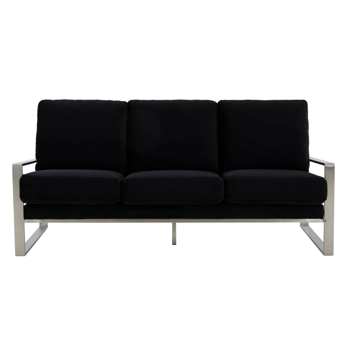 Jefferson 3-Seater Sofa Upholstered in Velvet/Leather with Gold/Silver Steel Base Velvet Silver Black Sofa Leisuremod
