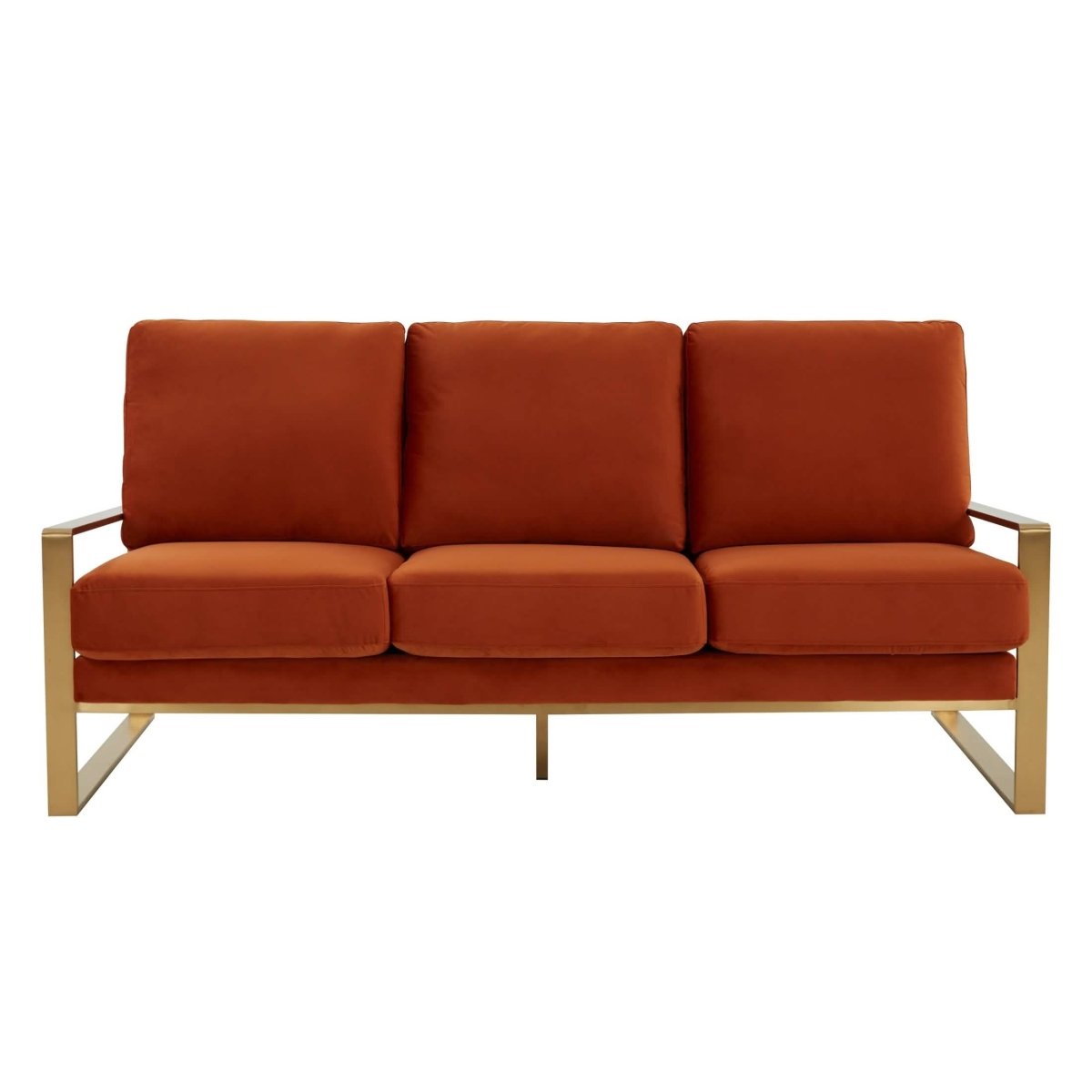 Jefferson 3-Seater Sofa Upholstered in Velvet/Leather with Gold/Silver Steel Base Velvet Gold Orange Sofa Leisuremod