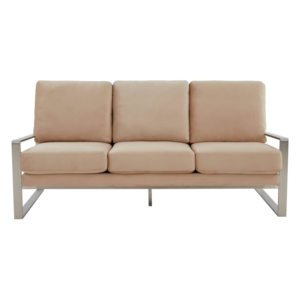 Jefferson 3-Seater Sofa Upholstered in Velvet/Leather with Gold/Silver Steel Base Velvet Silver Beige Sofa Leisuremod