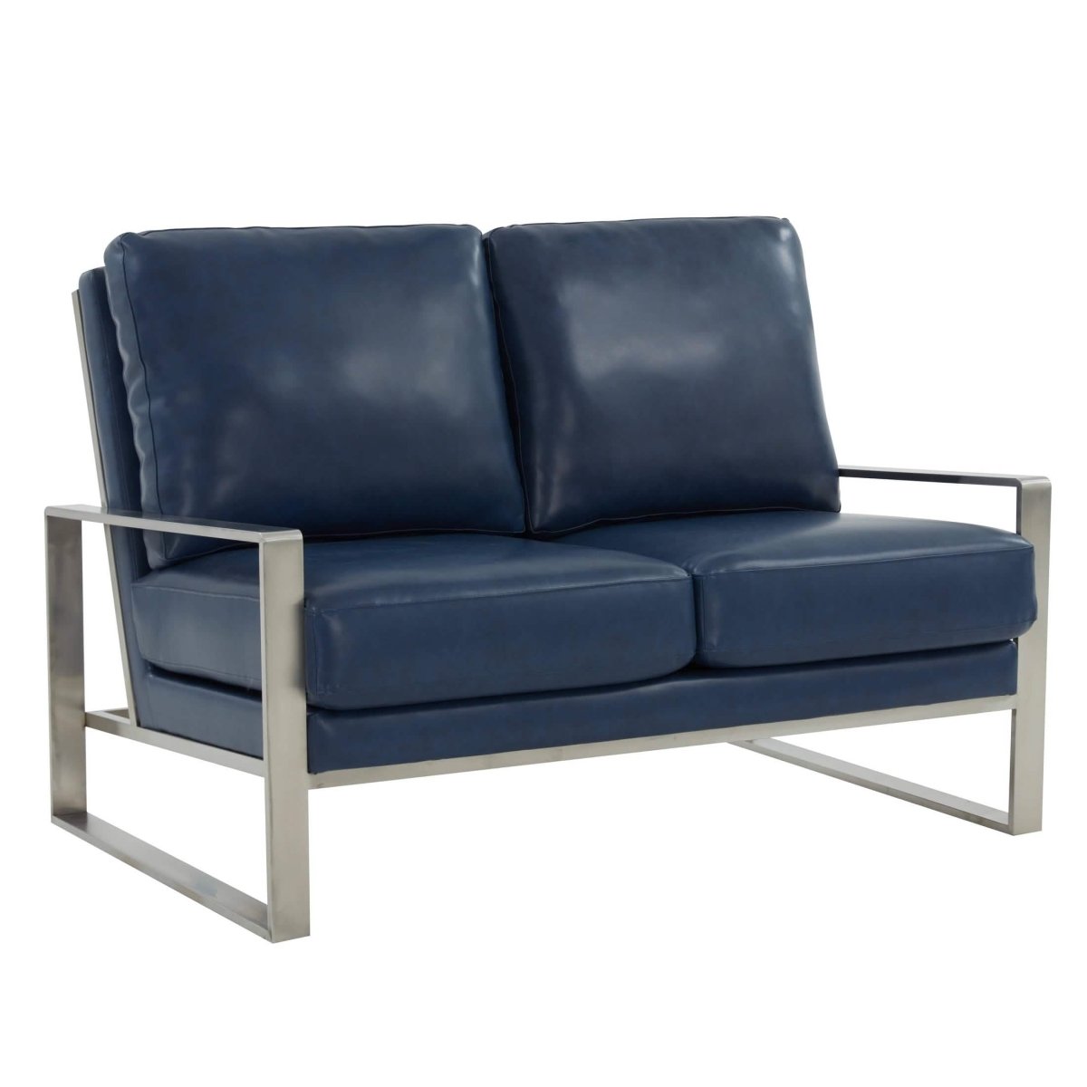Jefferson Contemporary Velvet/Leather Loveseat with Stainless Steel Frame Leather Silver Navy Blue Sofa Leisuremod