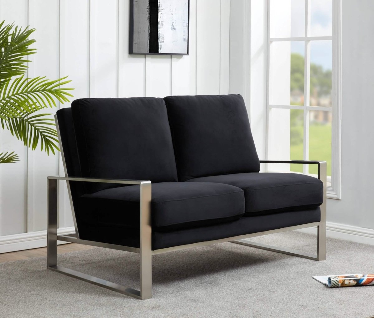 Jefferson Contemporary Velvet/Leather Loveseat with Stainless Steel Frame Velvet Silver Beige Sofa Leisuremod