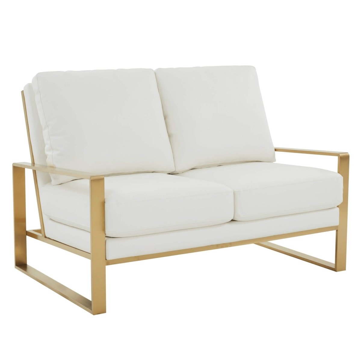 Jefferson Contemporary Velvet/Leather Loveseat with Stainless Steel Frame Leather Gold White Sofa Leisuremod