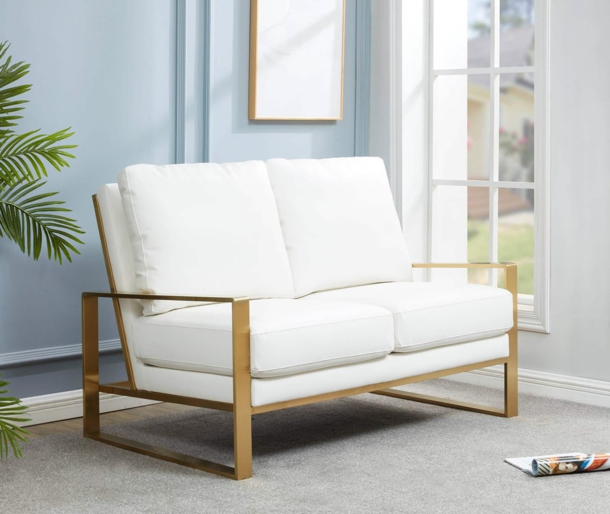 Jefferson Contemporary Velvet/Leather Loveseat with Stainless Steel Frame Leather Gold White Sofa Leisuremod
