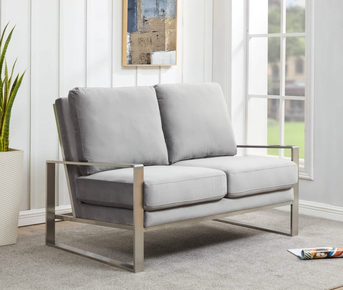Jefferson Contemporary Velvet/Leather Loveseat with Stainless Steel Frame Silver Black Sofa Leisuremod