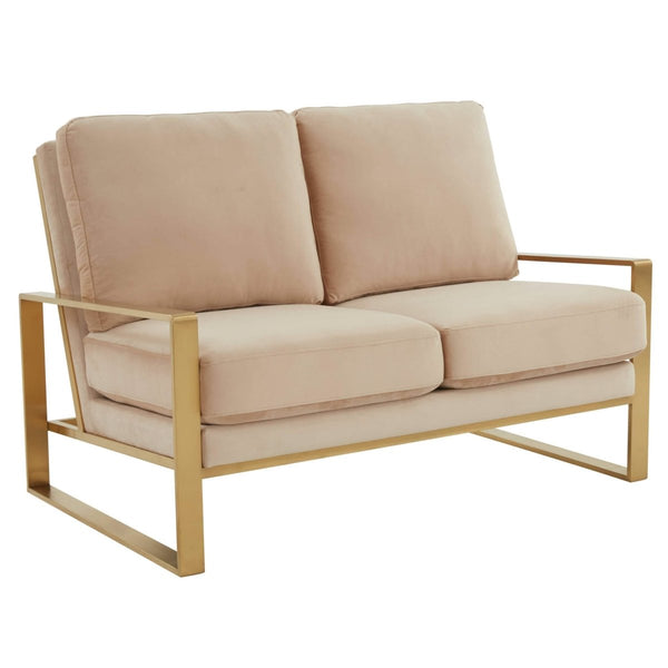 Jefferson Contemporary Velvet/Leather Loveseat with Stainless Steel Frame Velvet Gold Beige Sofa Leisuremod