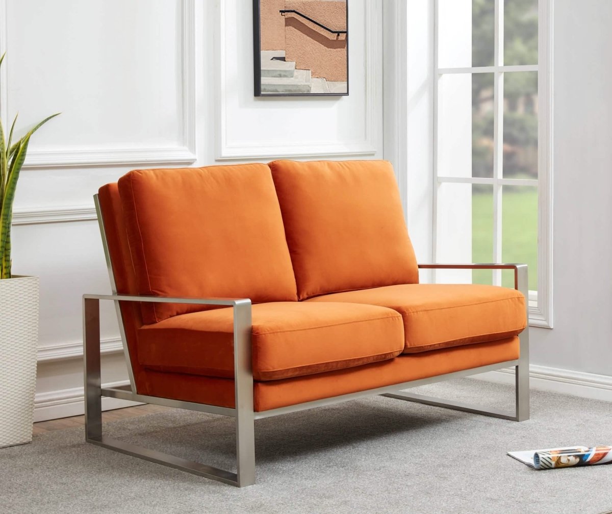 Jefferson Contemporary Velvet/Leather Loveseat with Stainless Steel Frame Velvet Silver Orange Sofa Leisuremod