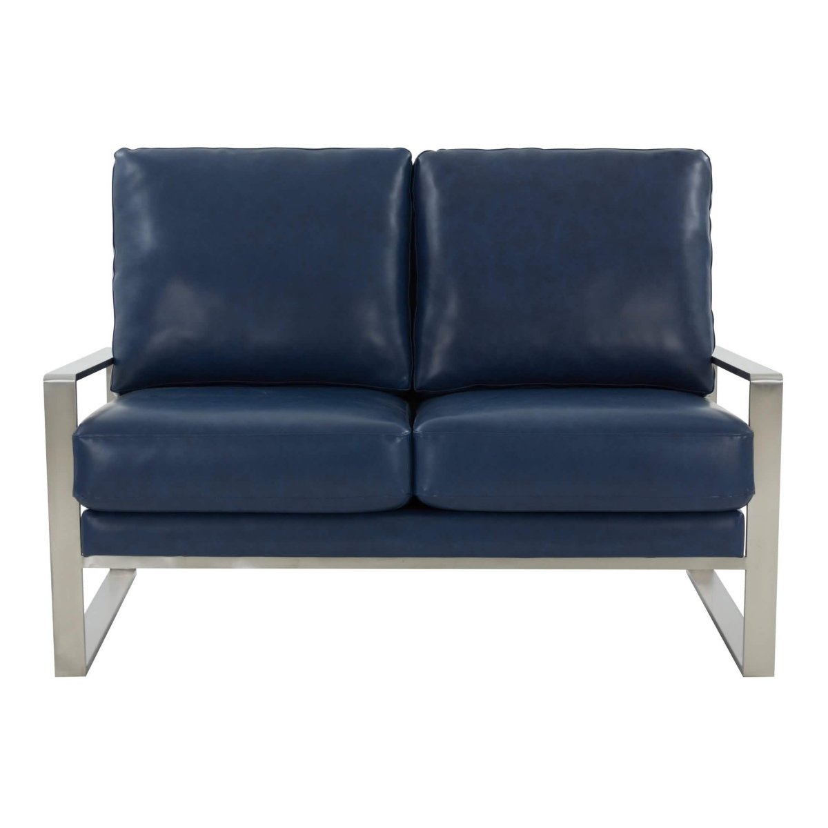 Jefferson Contemporary Velvet/Leather Loveseat with Stainless Steel Frame Leather Silver Navy Blue Sofa Leisuremod