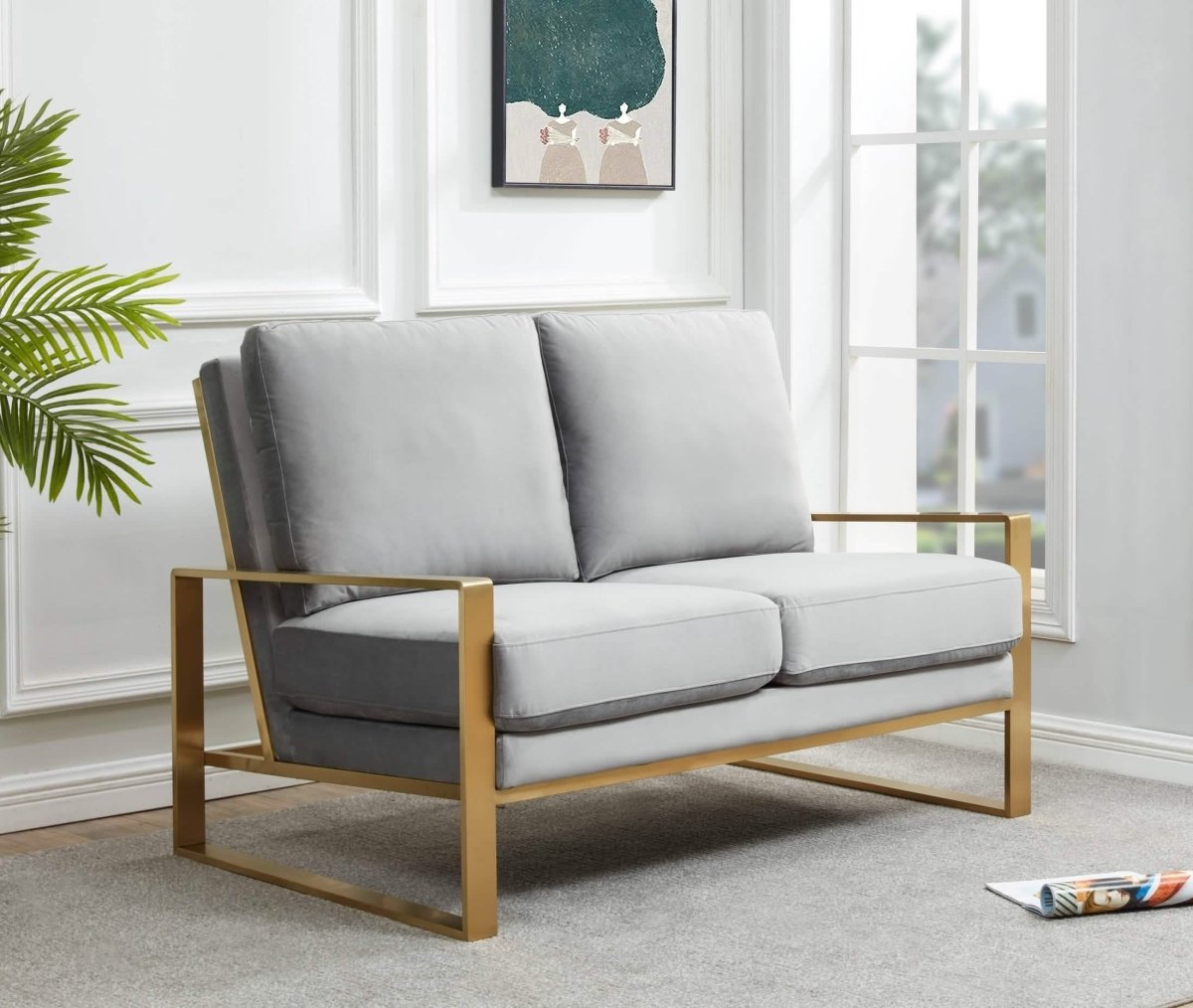 Jefferson Contemporary Velvet/Leather Loveseat with Stainless Steel Frame Silver Black Sofa Leisuremod