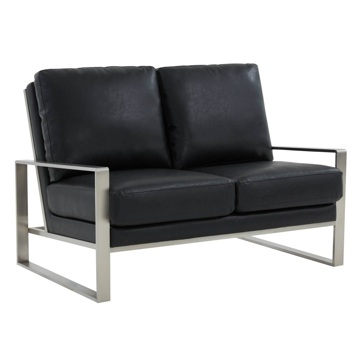 Jefferson Contemporary Velvet/Leather Loveseat with Stainless Steel Frame Silver Black Sofa Leisuremod