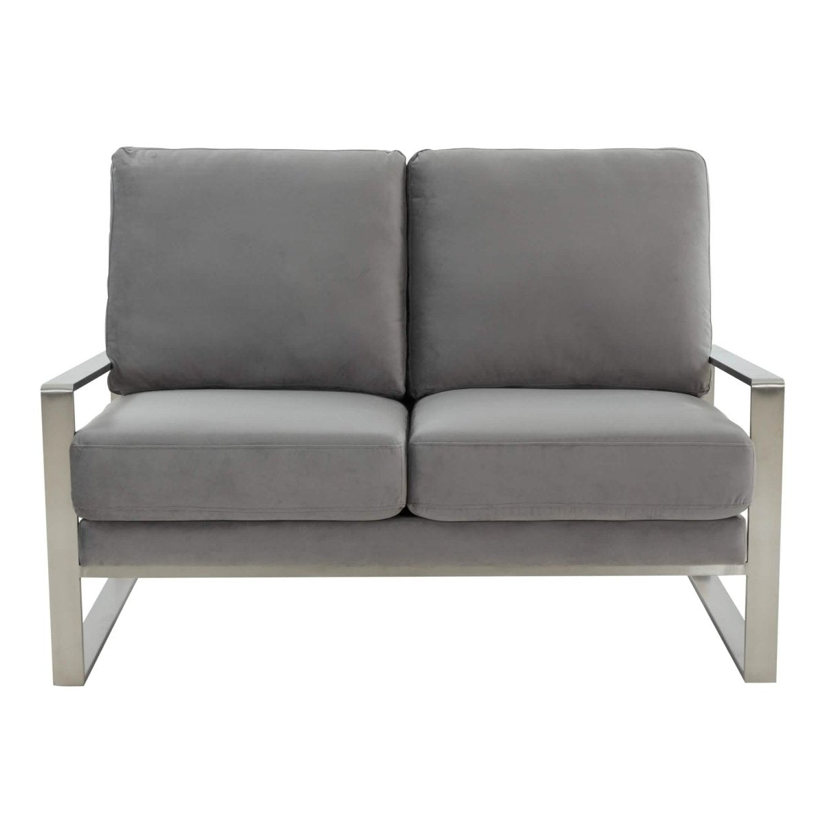 Jefferson Contemporary Velvet/Leather Loveseat with Stainless Steel Frame Velvet Silver Light Grey Sofa Leisuremod