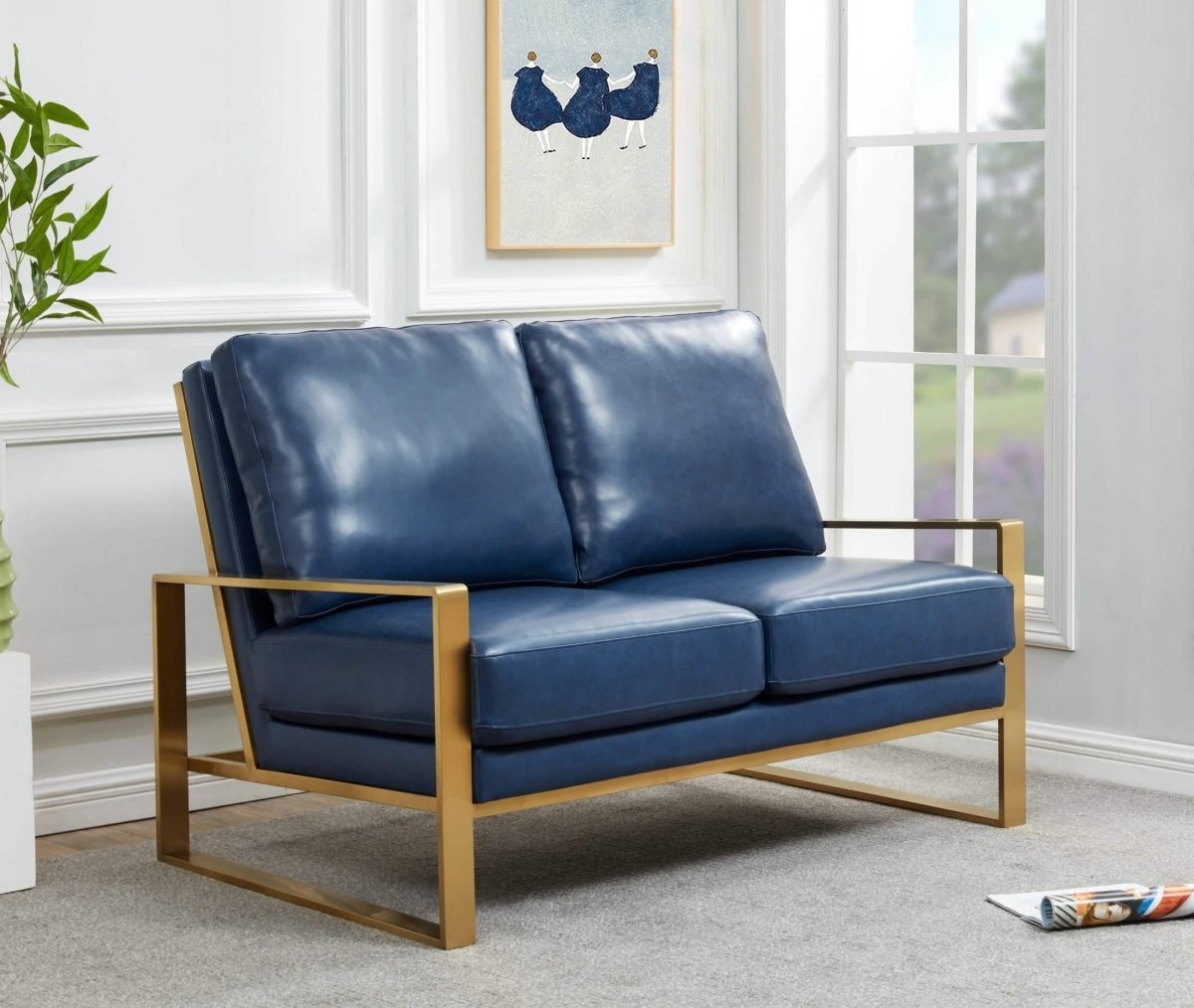 Jefferson Contemporary Velvet/Leather Loveseat with Stainless Steel Frame Leather Gold Grey Sofa Leisuremod