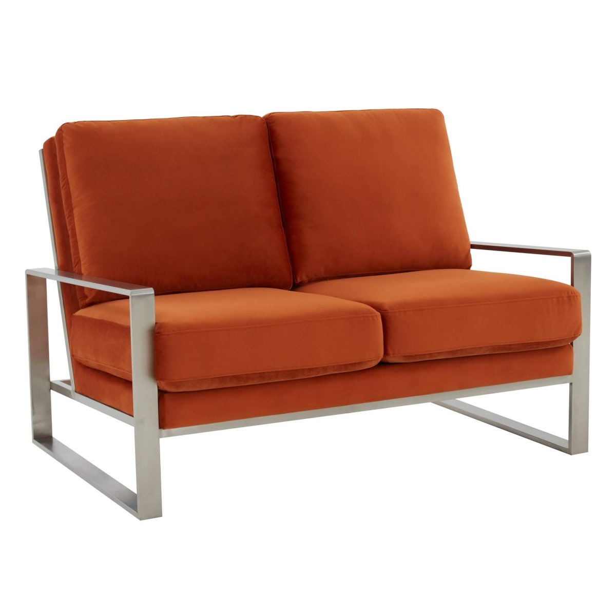 Jefferson Contemporary Velvet/Leather Loveseat with Stainless Steel Frame Velvet Silver Orange Sofa Leisuremod