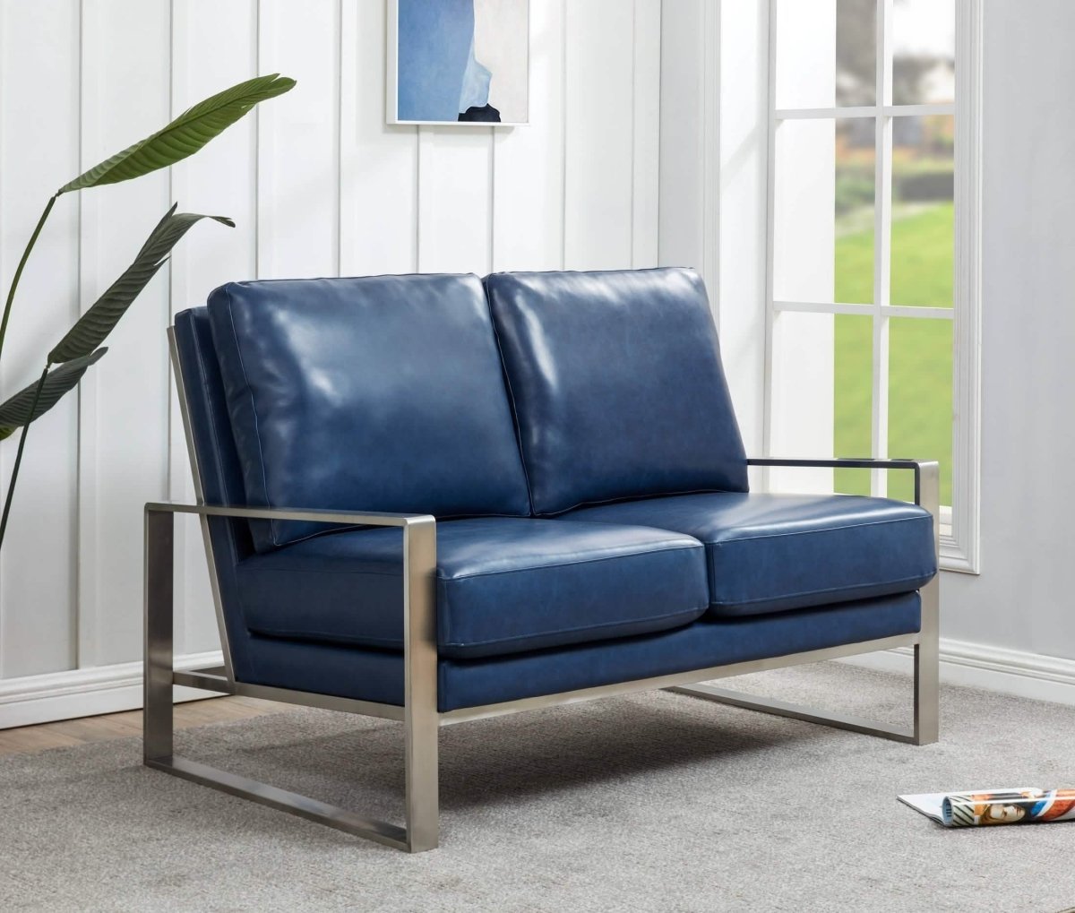 Jefferson Contemporary Velvet/Leather Loveseat with Stainless Steel Frame Leather Silver Navy Blue Sofa Leisuremod